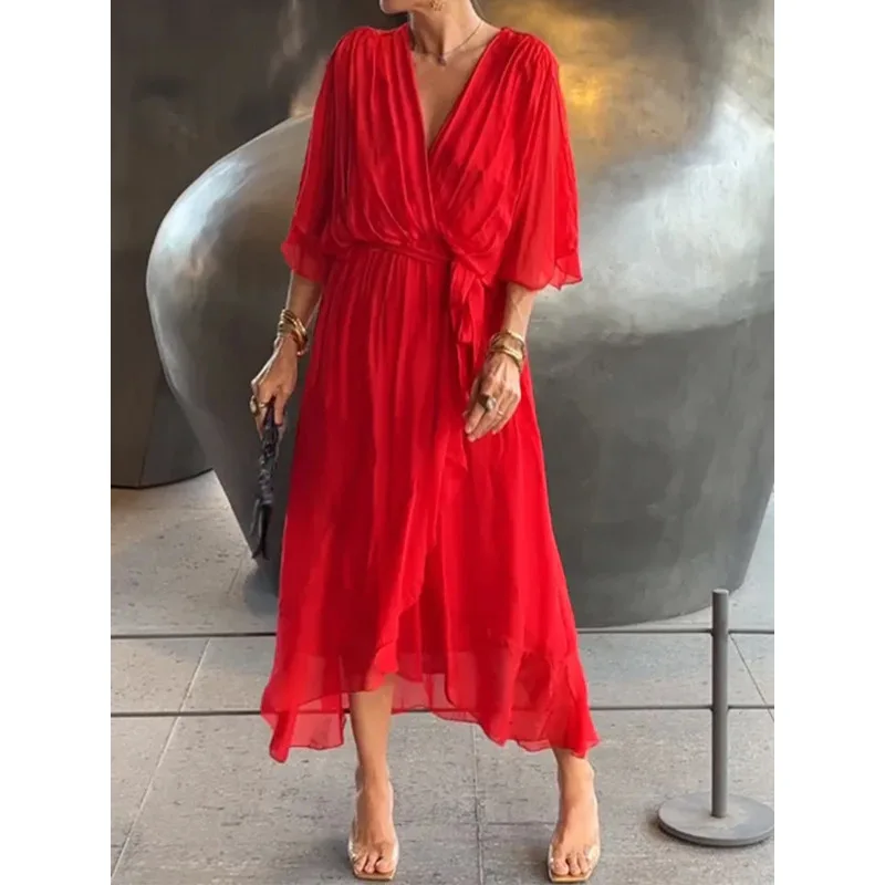 

Casual Solid Chiffon Lace Up Dress For Women Elegant V-neck Bat Sleeves Irregulares Midi Dresses 2024 Summer Fashion New Vestido