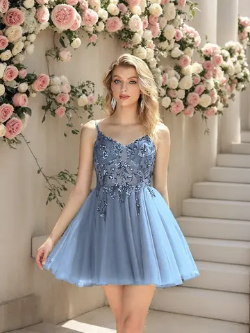 Sexy Mini Cocktail Dresses Illusion Lace Appliques V-Neck Sleeveless Backless Sling Gowns Above Knee Tulle Homecoming Dress