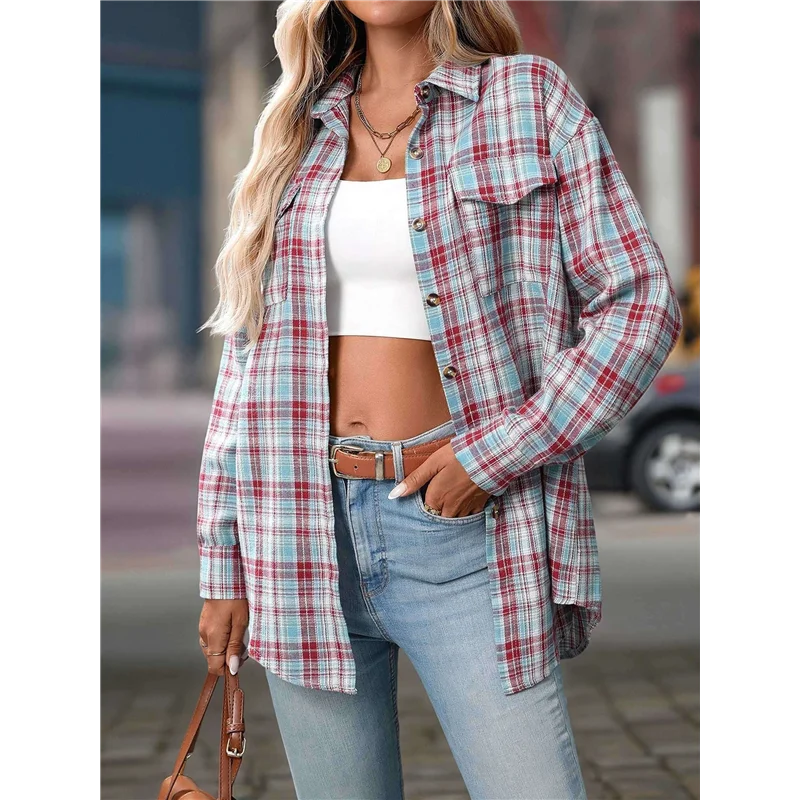

AG-Женская рубашка на пуговицах, клетчатая рубашка с длинными рукавами и лацканами, деловые повседневные топы, рабочая рубашка