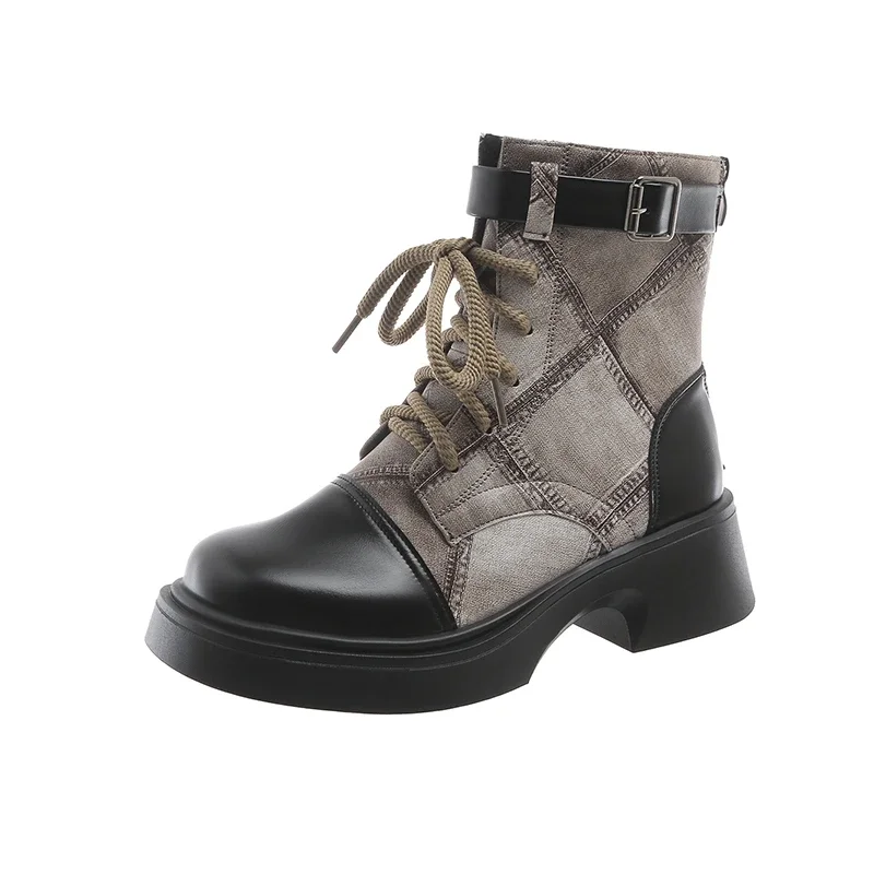 Botas de trabajo de estilo británico para mujer, botines cortos de cintura alta con suela gruesa y tacón grueso, estilo Retro vaquero, novedad de otoño, 2024