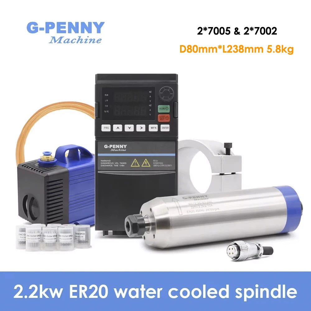 

Шпиндель G-Penny 2.2кВт ER20 D80 с водяным охлаждением, тип «пуля», 220В/380В, инвертор YL42 2.2кВт, насос 80Вт, комплект шпинделя с кронштейном 80мм