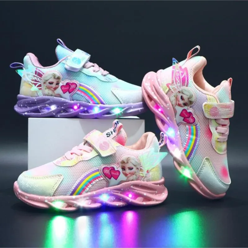 New LED Casual Sneakers For Spring Girls Frozen Elsa Princess Print Outdoor Shoes Children's Lighted Non-slip sports Shoes