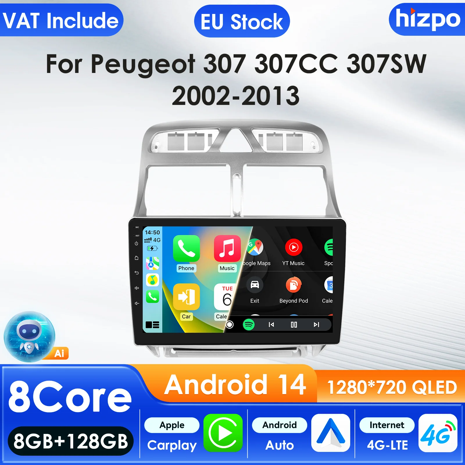 Image of Hizpo 9'' Autoradio für Peugeot 307 307CC 307SW 2002 - 2013 Audio-Multimedia-Player Android Auto Carplay 4G GPS FM RDS Autoradio