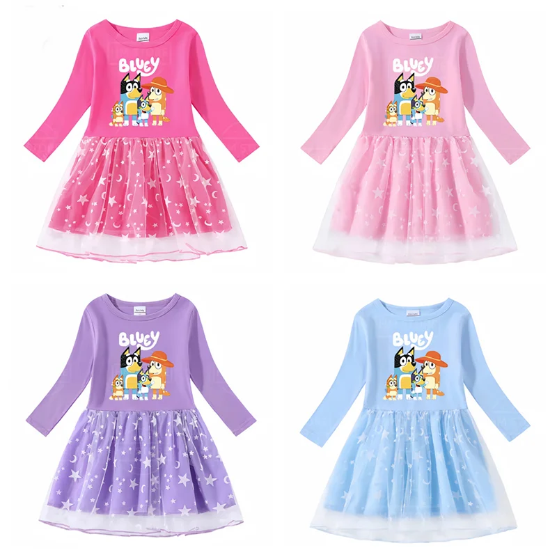 New Anime Bluey Girls Dress Long Sleeve Dress Cotton Print Cartoon Bingo Dog Star Moon Mesh Long Sleeve Princess Birthday Gifts