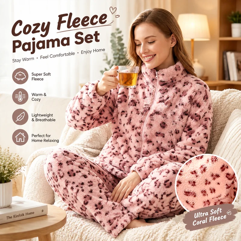 Warm Thick Coral Fleece Women Pajamas Leopard Print Zipper Stand Collar Loose Loungewear Winter Home Wear Outdoor Sleep Suit