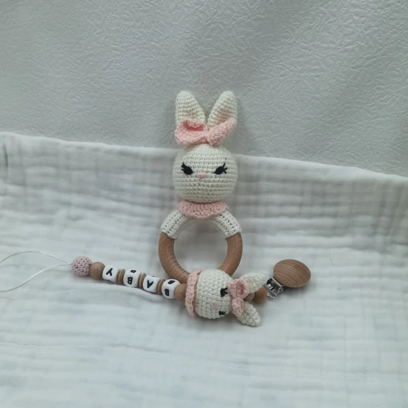 Handmade Crochet Animal Baby Teether Toy Wooden Newborn Teether Rabbite Bunny Stuffed Doll Cotton Towel Pacifier Chain Baby Gift