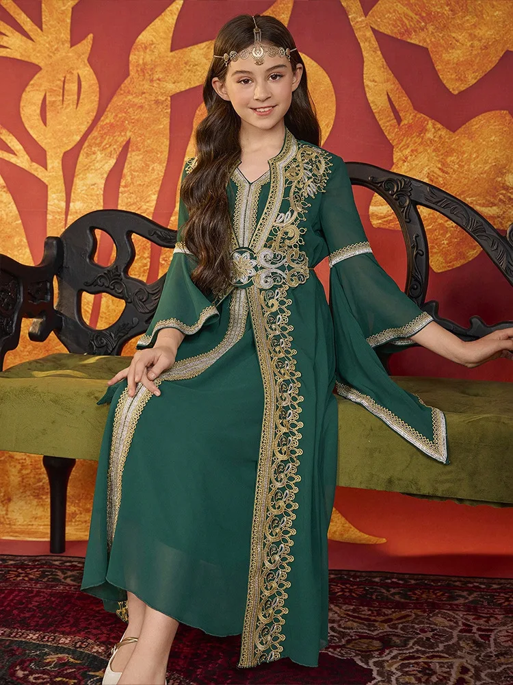 Elegante abito in chiffon arabo Dubai per ragazze manica svasata abito da festival saudita Abaya musulmano Marocco caftano Eid Djellaba Jalabiya