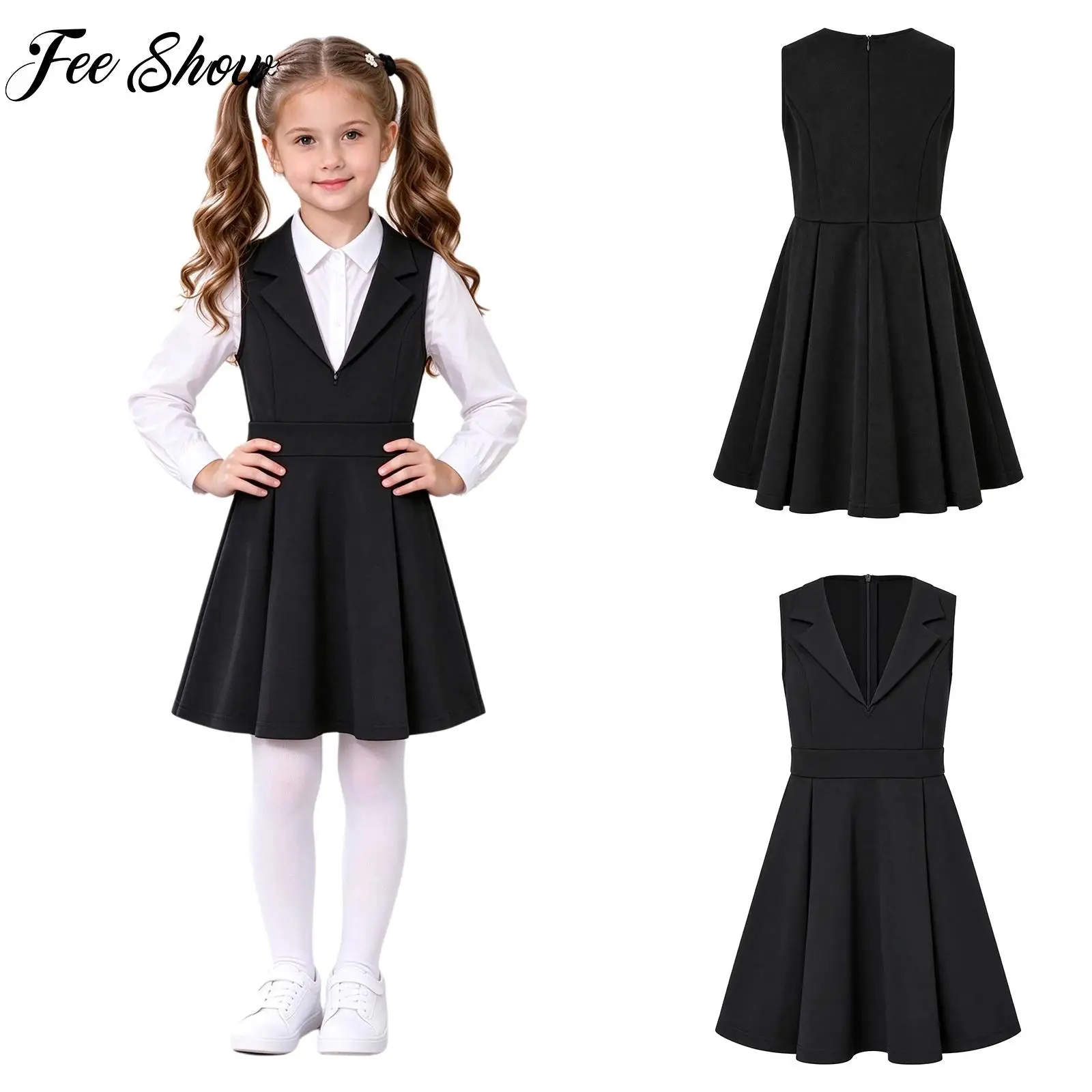 Kids Girls Lapel V-neck Sleeveless Basic Dress School Uniform Jumper Zipper Dress for Classroom Learning Recitation Performance