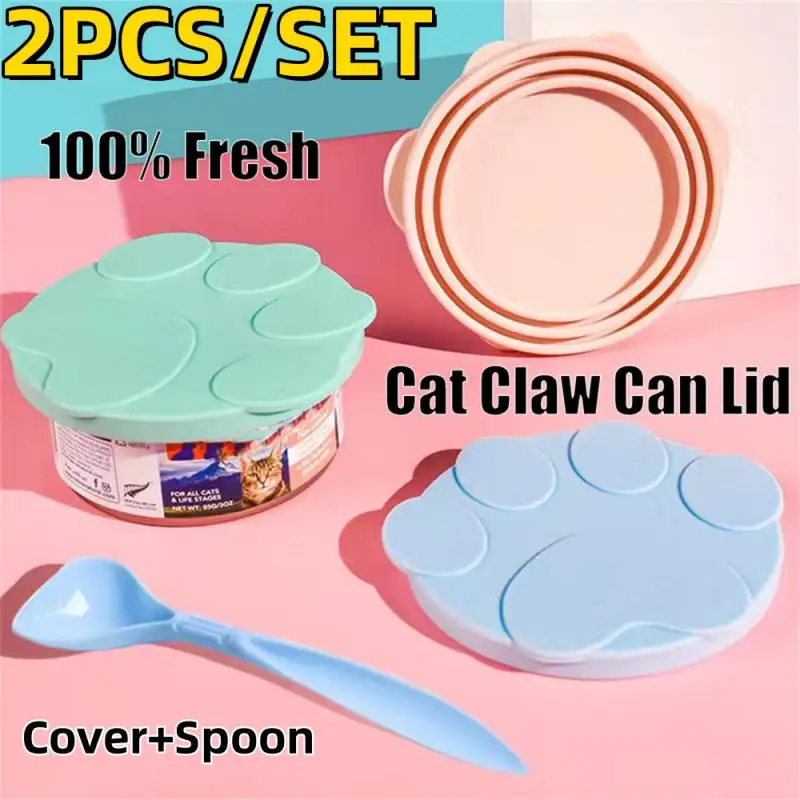 2pcs/set Reusable Pet Food Can Cover Silicone Dogs Cats Storage Tin Cap Lid Seal Cover with Spoon Tin Cans Food Accessories