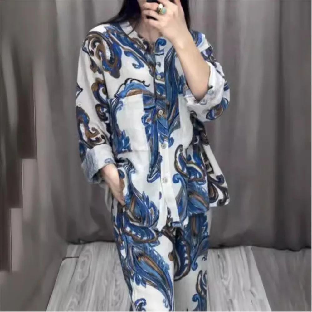 Fashion Sleeved Shirt Women\'s Suit Spring Autumn New Fashion Printed Pants Pocket Simple Slim Pants Female Office 2 Piece Set