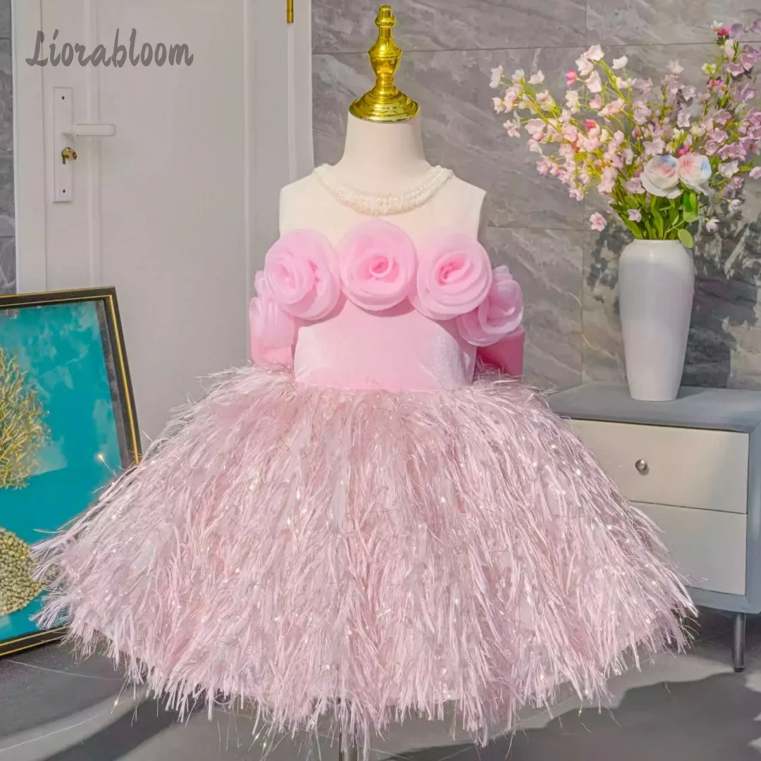 Girls' Pink Feather Formal Dress 3D Floral Flower Girl Dress Party Gown Princess Dress Elegant Girls' Dress