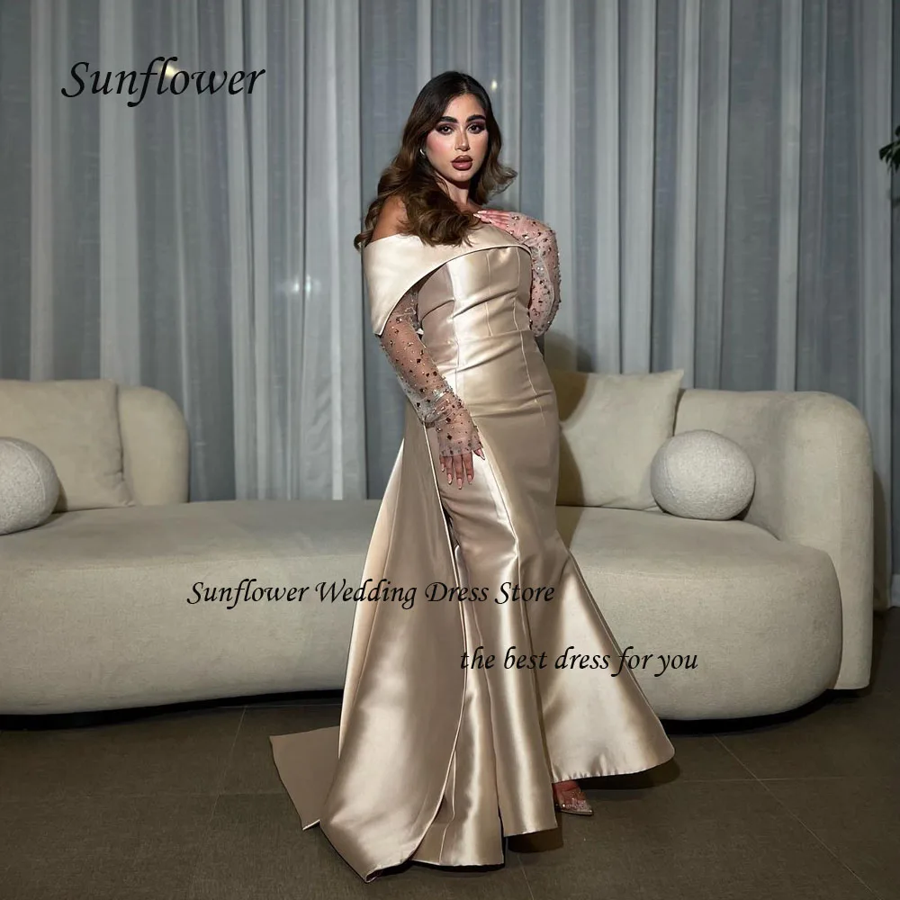 Sunflower Off the Shoulder Evening Dress Saudi Arabia 2023 Slim Satin Mermaid Lace Sleeves Prom dress Floor-Length Party Dress