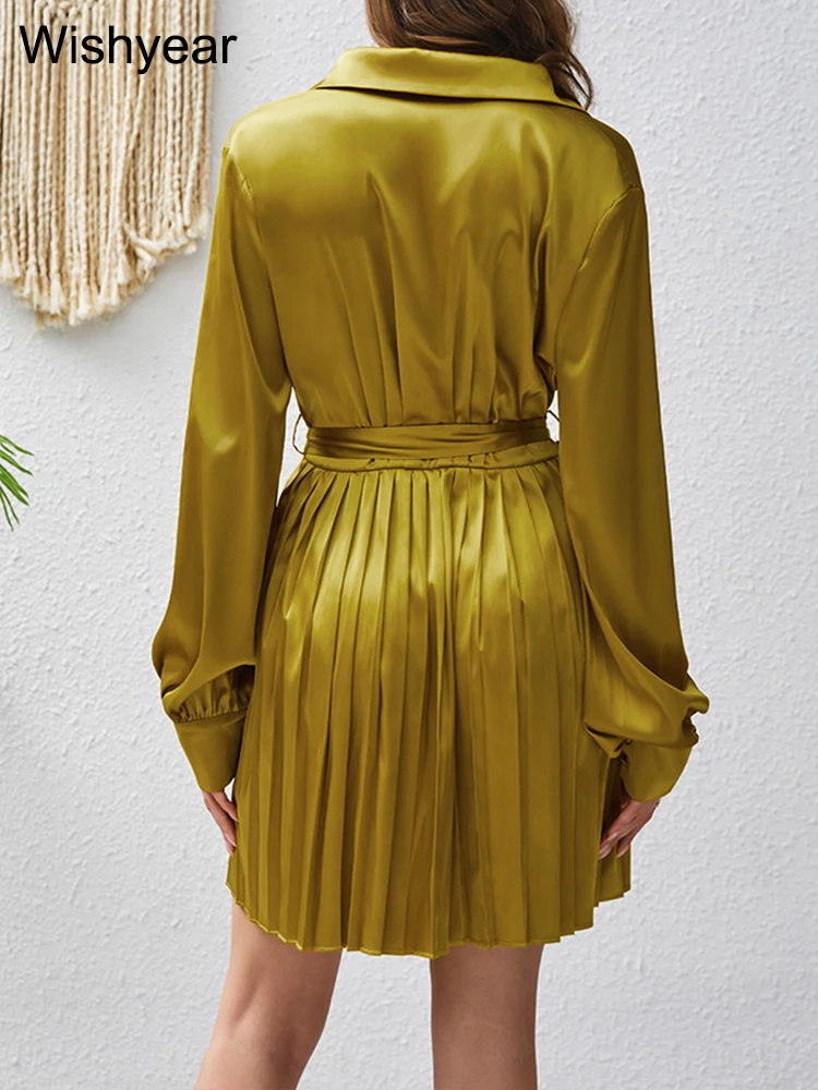 فستان قصير بطيات باللون الأصفر الذهبي من Wishyear للنساء أنيق للمكتب والخريف بأكمام كاملة وأربطة بتصميم لحفلة عيد الميلاد المسائية