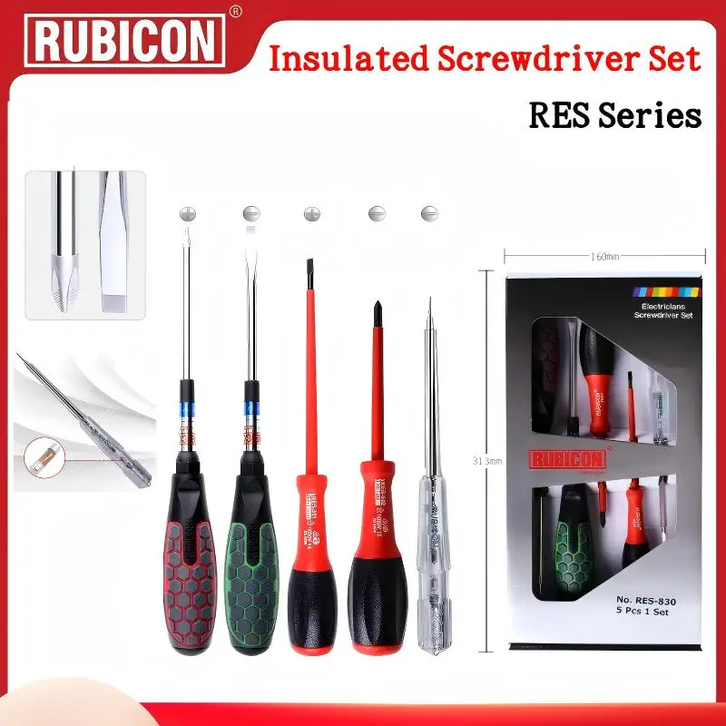 

RUBICON JIS Insulated Screwdriver Set with Voltage Tester, Phillips & Flathead, Electrical Safety Use RES-810/820/830/840