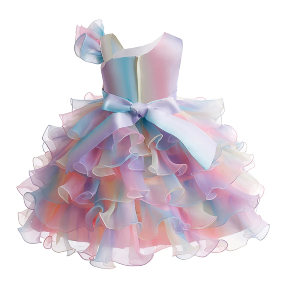 Girls Bow Dress Kids Rainbow Bowknot Wedding Flower Girl Costume Children Ball Gown Birthday Party Outfits Deluxe Tiered Skirt