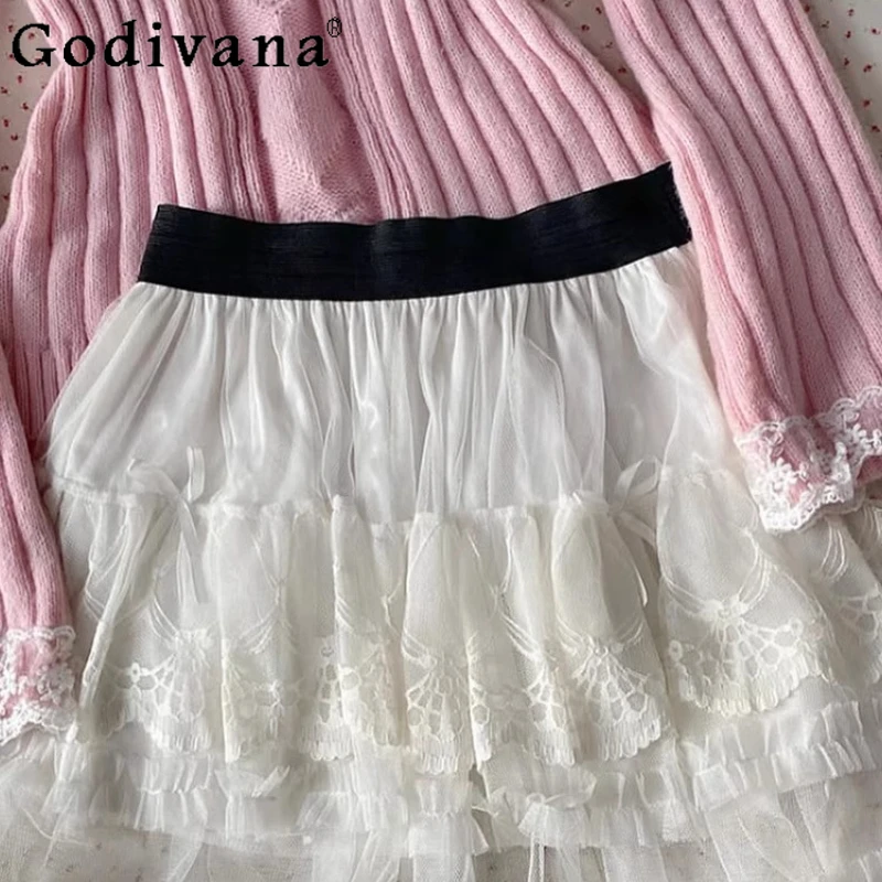 가을 새로운 아름다운 리본 스웨터 여성용 오리지널 프렌치 패션 달콤한 스웨터 여성용 긴 소매 핑크 레이스 로리타 스웨터