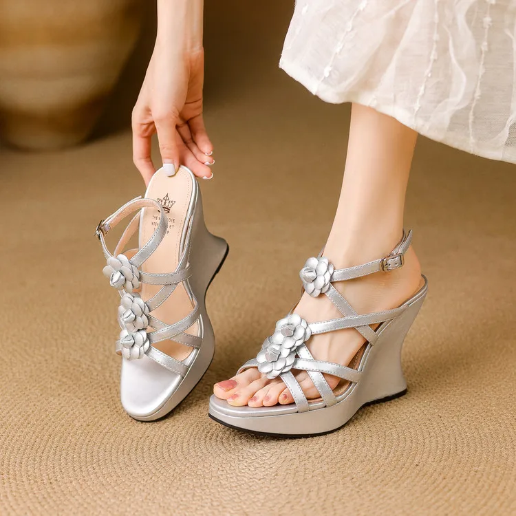 

Gladiator Sandals Women Genuine Leather Bohemian Style 10CM Platform Wedge Heel Flower Decor Cross Strap Handmade Shoes