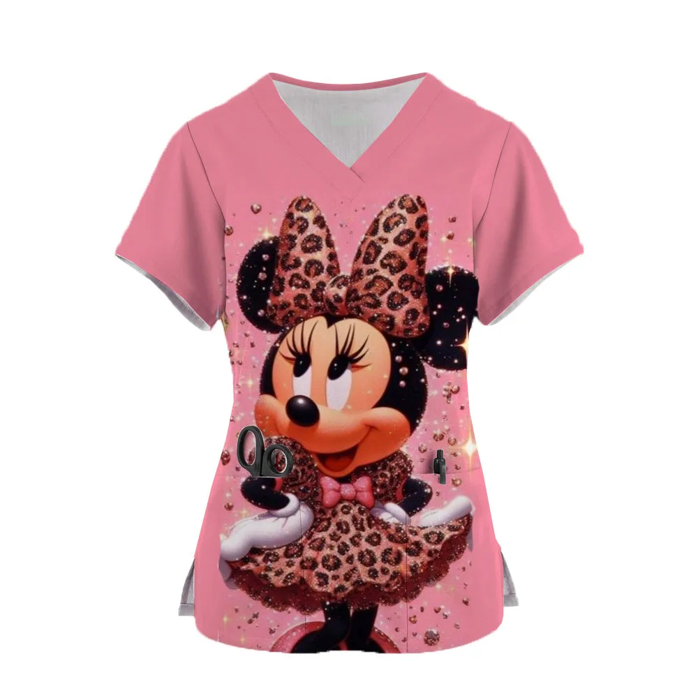 Disney-Mulheres Disney Mickey Minnie Scrub, Manga Curta, Uniforme Médico Decote V, Camiseta de Trabalho dos Desenhos Animados, Vestido de Enfermagem, Uniforme de Enfermeira