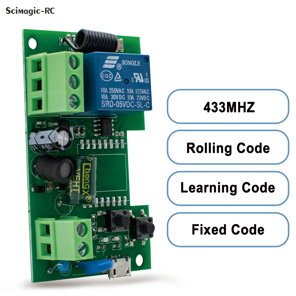 433MHz Fixed & Rolling Code 1 Channel Universal Garage Door Remote Control Receiver 433.92 mhz Switch Controller Gate Operator