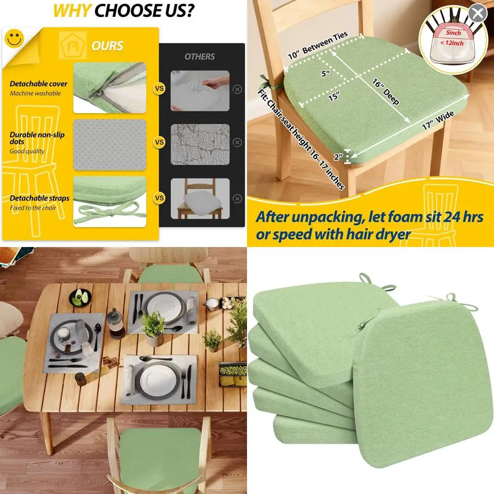 

Pear Green 17x16 2 Thick D-Shaped Chair Cushions with Ties & Washable Covers, Set of 6