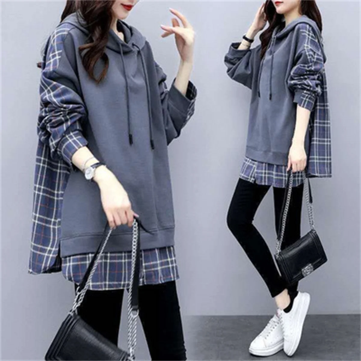 

Fashion Plaid Patchwork Hoodie Streetwear Hip Hop Women Sweatshirts Casual Autumn High Street Tops Funny Korean Hooded Hoodie
