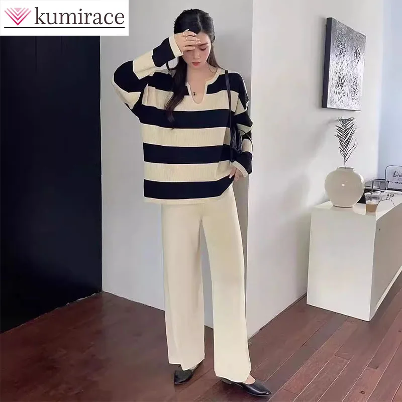 

Autumn and Winter Retro Contrasting Stripes Lazy Loose V-neck Slimming Knitted Cardigan Casual Loose Wide Leg Pants for Women