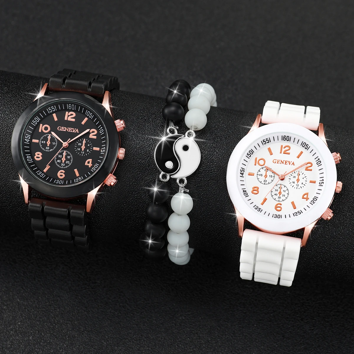 4PCS/Set Geneva Couple Watch Fashion Silicone Band Men Women Quartz Watch Tai Ji Beads Bracelet Set