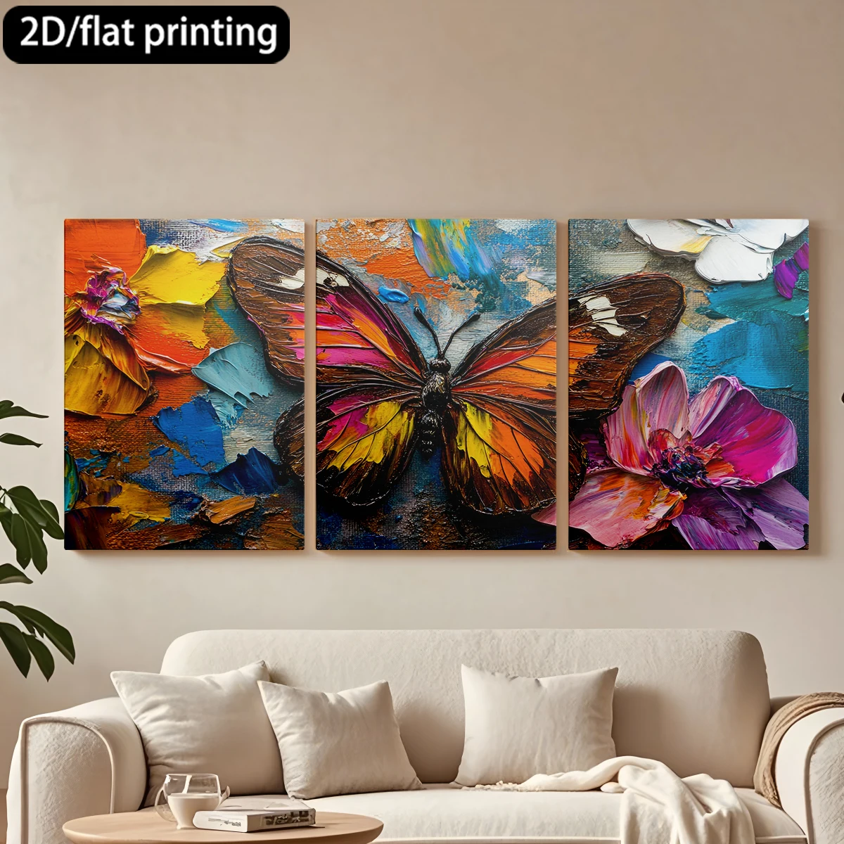 

3pc wooden frame canvas decorative paintingVivid oil-painted butterfly, colorful flowers.Corridor bedroom decoration