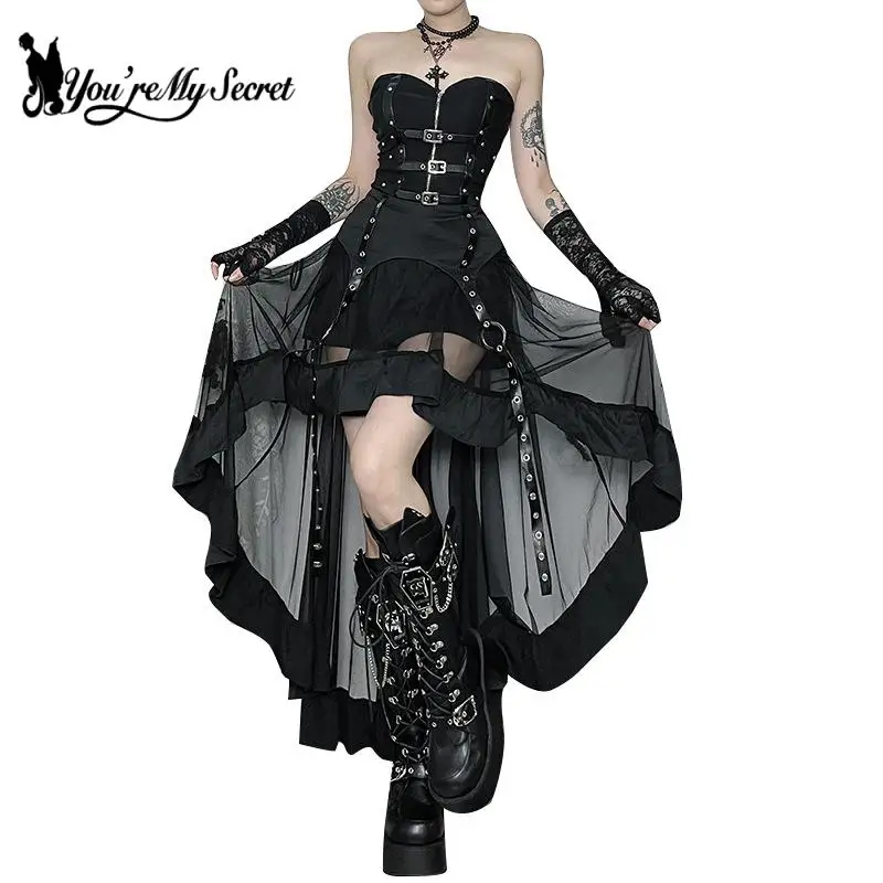 

[You're My Secret] Goth Slimming Dress Fashion Beautiful Irregular Mesh Skirt Dark Style High Waist Personality Street Dress