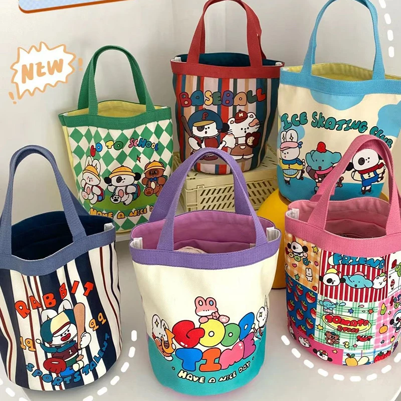 Bolsa de balde de lona casual para mulheres, desenhos animados, lancheira, bolsas escolares