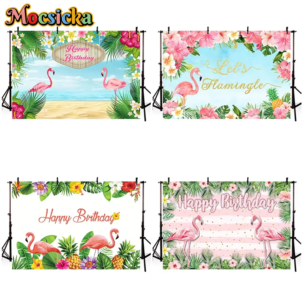 

Mocsicka Summer Flamingo Photography Background Beach Holiday Happy Birthday Party Backdrop Green Leave Pink Flower Decor Banner