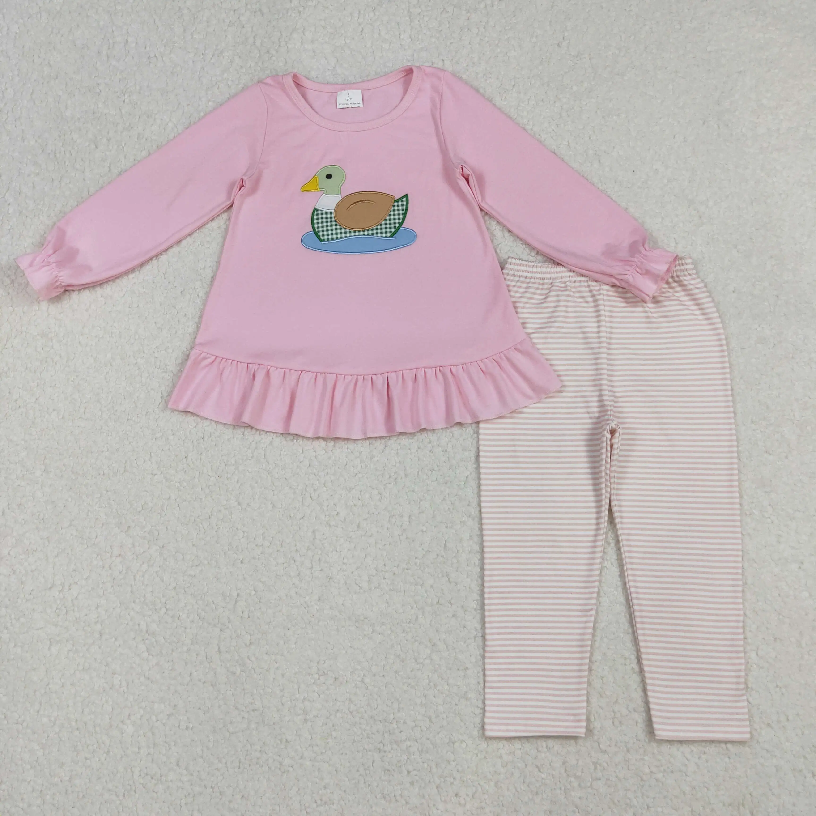 

X10.8 Western style hardworking baby girls wholesale embroidered duck pink lace long sleeve striped pants suit