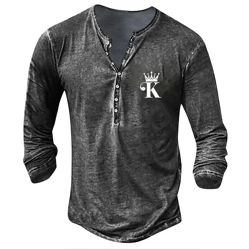 Men\'s Henley Shirt Pokker K Graphic Long Sleeve Tops T-Shirts Spring Autumn Imitation Cotton Button-Down T Shirt Street Wear Tee