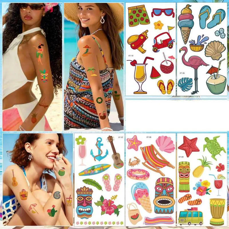 10Pcs/set New Hawaii Summer Temporary Tattoo Sticker Fake Vacation Coconut Tree Beach Tattoos Stickers Waterproof For Party