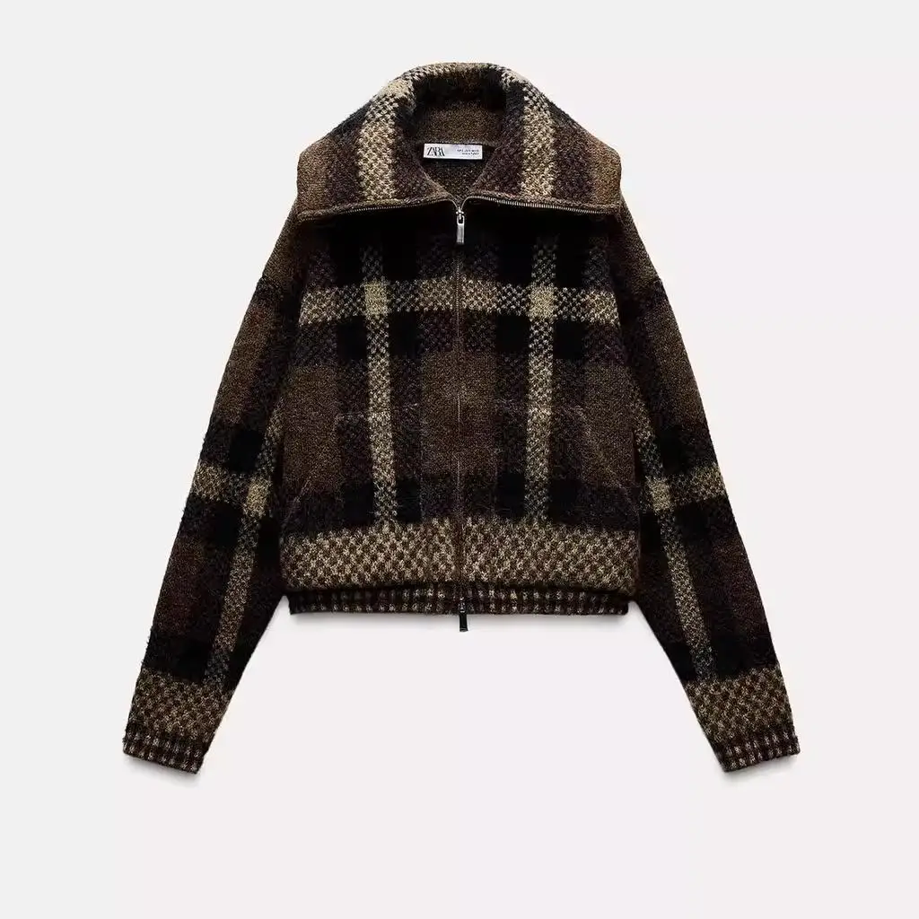

Ele Plaid High Collar Casual Jaet New Autumn Winter Women's Faion Sweet Sle Loose Fit Long Sve Knitted Coat