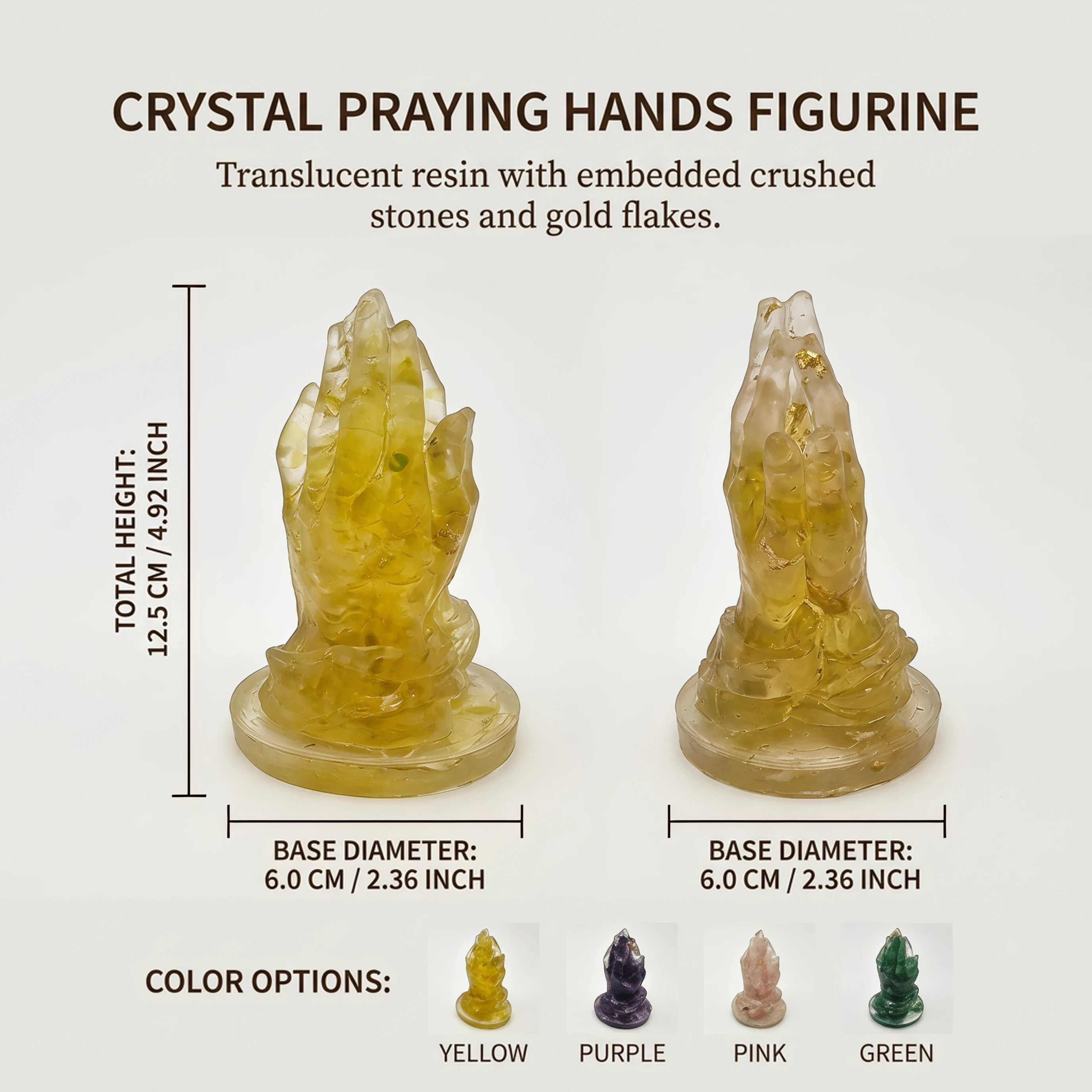 Resin Praying Hands Statue with Natural Crystal Chips Gold Foil, Spiritual Meditation Altar Decor, Healing Crystal Ornament