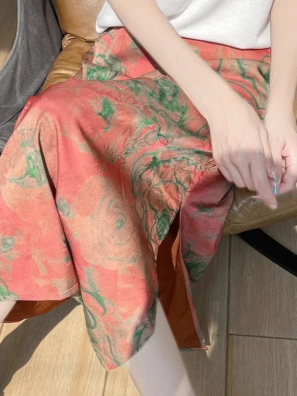 Zomer Nieuwe Hoge Taille Slim Fit Gedrukt Satijnen F Rok Vrouwen Halflange A-lijn Rok Met Sa Hoge Taille uitlopende Rok