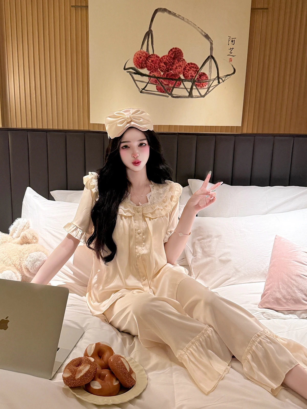 Sweet Girl Doll Collar Tie Chest Pad Ice Silk Short Sleeve Pajamas Three-Piece Set Spring Summer Women's High-End Homewear