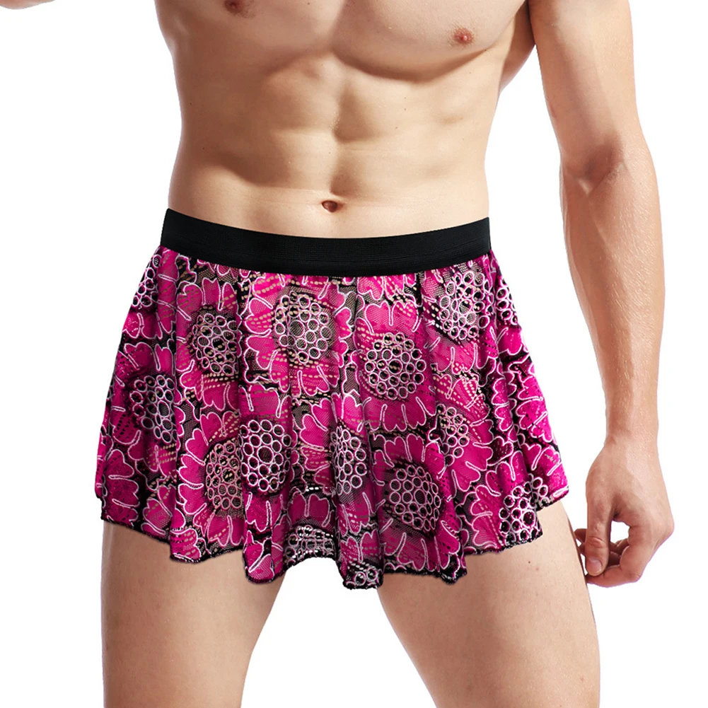 Ropa interior Sexy de encaje para hombre, falda hueca con estampado Floral Retro, bragas de Club, bragas, calzoncillos