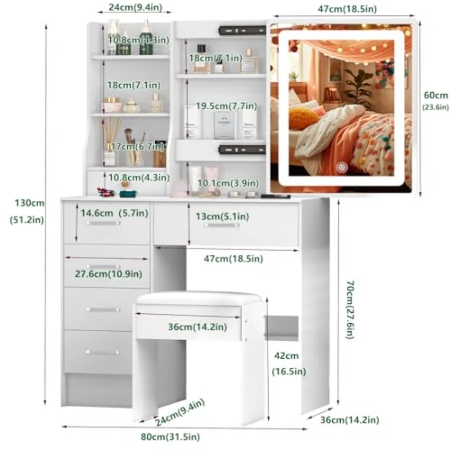 مكتب زينة ممتاز مع مرآة وأضواء LED، مكياج أبيض مع 6 أدراج، 6 أرفف، 1 كرسي LED، 3 أوضاع قابلة للتعديل