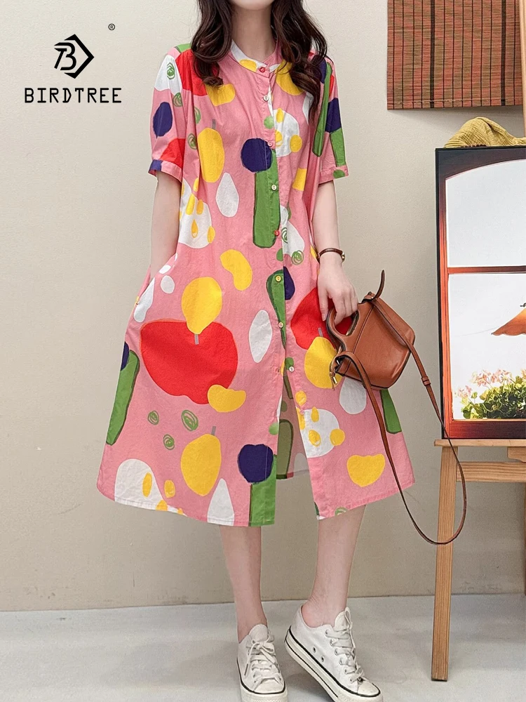 

New 2025 Summer Cotton Short Sleeve Dresses, Women O Neck Geometry Print, Mori Girl Fashion OL Versatile Loose Dress D56530CC