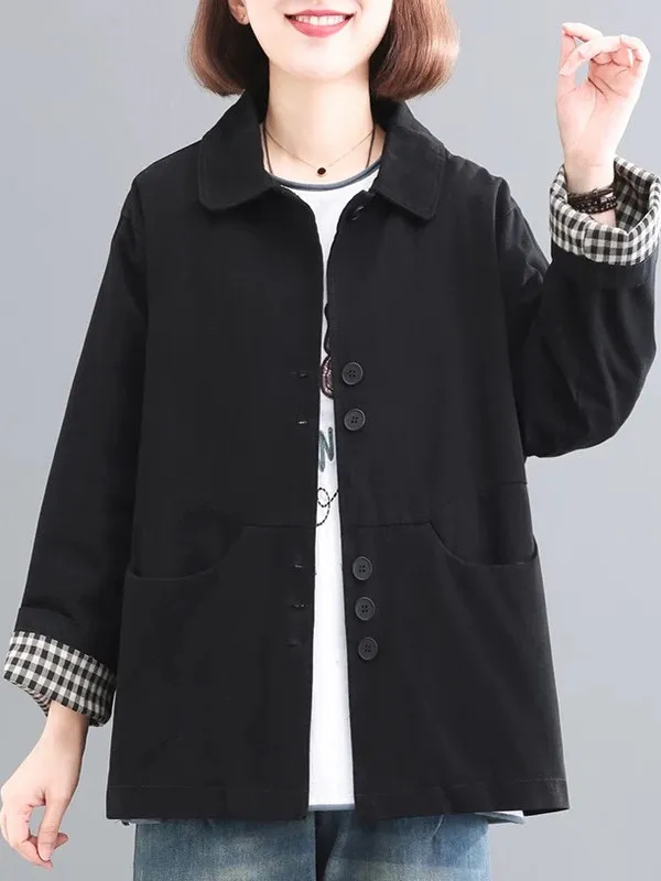 

Casual ort Coat Women's Spring Autumn Loose Simple Large Size Long Sve Turn-down Collar Top Versatile Cotton Blend Ladie...