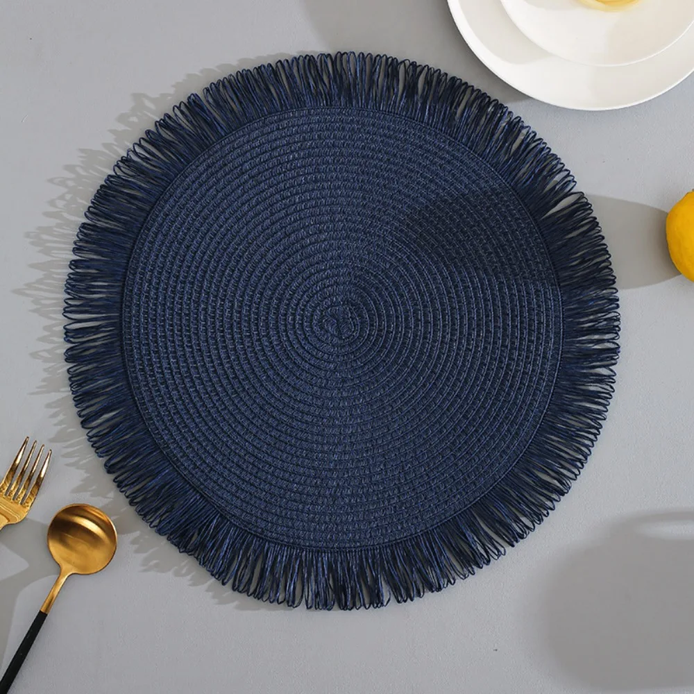 Creative Paper Braided Placemat Round with Tassel Dining Table Mat Farmhouse Heat Resistant Place Mat Home