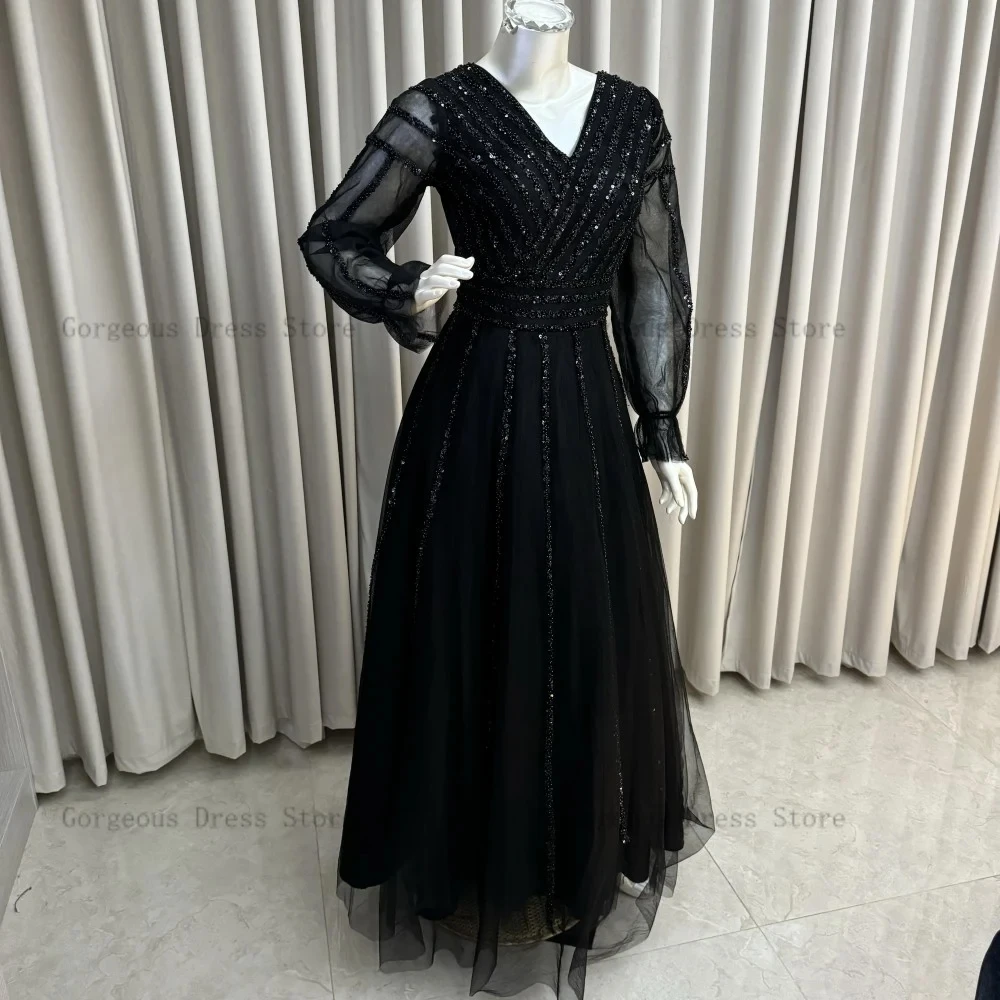 Elegant A-Line Evening Dresses V Neck Long Sleeves Prom Gowns Sequined Pearls Ankle Length Tulle Party Dress 2024 فساتين السهرة