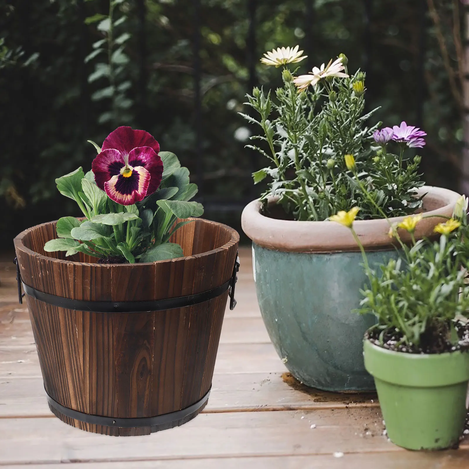 Rustic Wooden Barrels Bucket with Handle Flowerpot Planter Vintage cask Container Pail Patio Primitive Planter home Garden decor