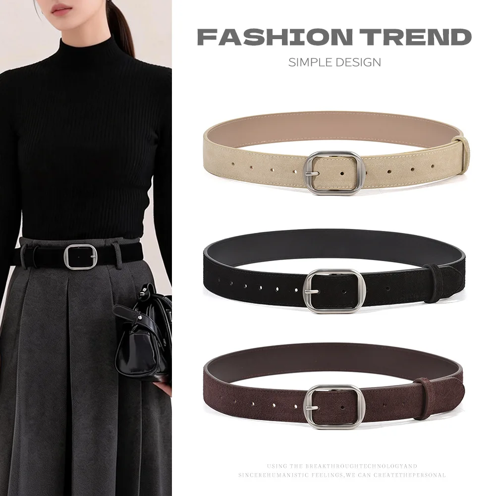 Retro frosted cowhide women's leather belt with fashionable and high-end feel, suede belt for women, paired with trousers