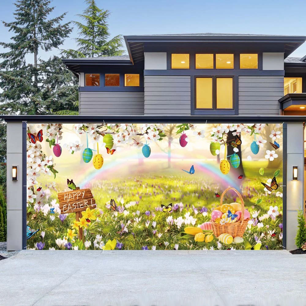 สําหรับโรงรถบ้านประตูตกแต่งแบนเนอร์ธีมอีสเตอร์สีไข่ฤดูใบไม้ผลิทุ่งหญ้าดอกไม้ Rainbow Bunny Porch ตกแต่งแบนเนอร์ขนาดใหญ่