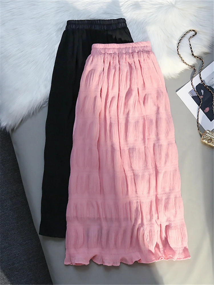 Solid Women's Mi-long Pleated Umbrella Skirts High Waist 2023 New Pink Fashionable A-Line Skirts Female Spring Summer