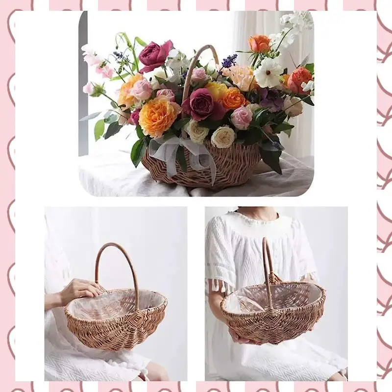 

HHTL 1 PCS Handwoven Flower Girl Basket With Handle Empty Wicker Picnic Basket Wedding Flower Girl Baskets