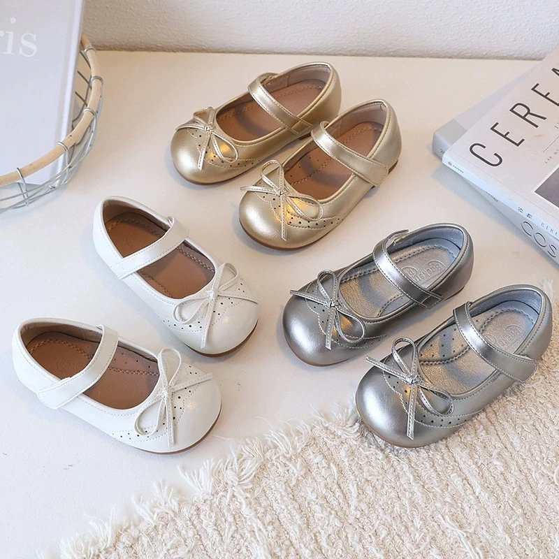 

Spring Baby Girls Casual Shoes Fashion Bow Kids Evening Shoes Soft Cow Split Leather Upper Children's Flat Shoes